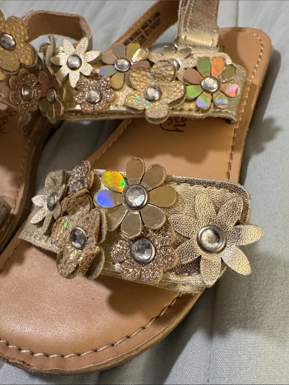 Golden Flower Sandals with Velcro Straps